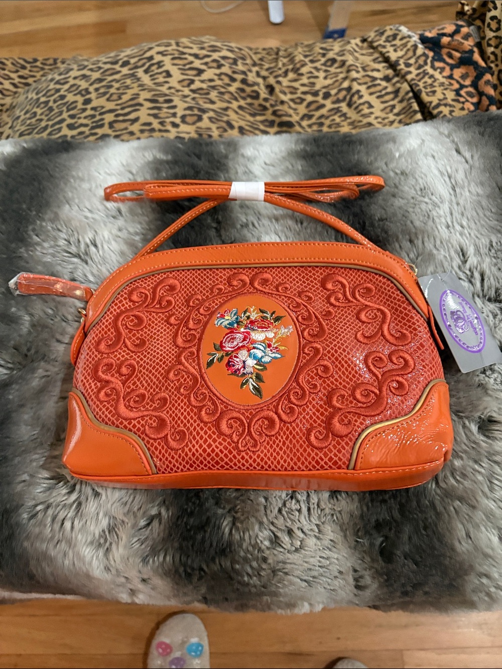 Sharif Orange Floral Embossed Crossbody Bag